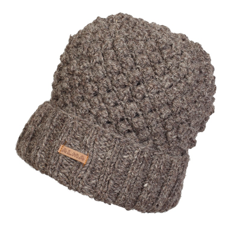 100% Lamb Wool Hand knitted Popcorn Fleece Lined Beanie Fair Ile Winter Hat Bobble Beanie Gift For Her Women's Hat Alma Knit image 6