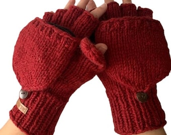 100% Pure  Wool - Fleece Lined - Texting Mittens - Flip Gloves - Hand knit - Fair Trade- convertible gloves - Alma Knitwear - Ethical - Warm