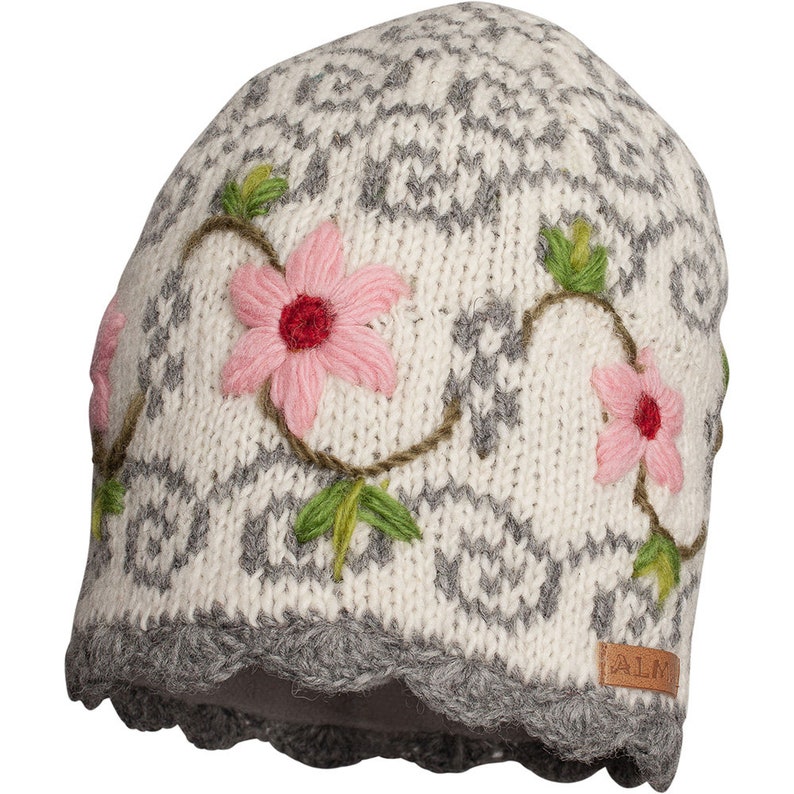 100% Lamb Wool Hand knitted Embroidered Flower Fleece Lined Beanie Fair Ile Winter Hat Bobble Beanie Gift For Her Women's Hat image 4