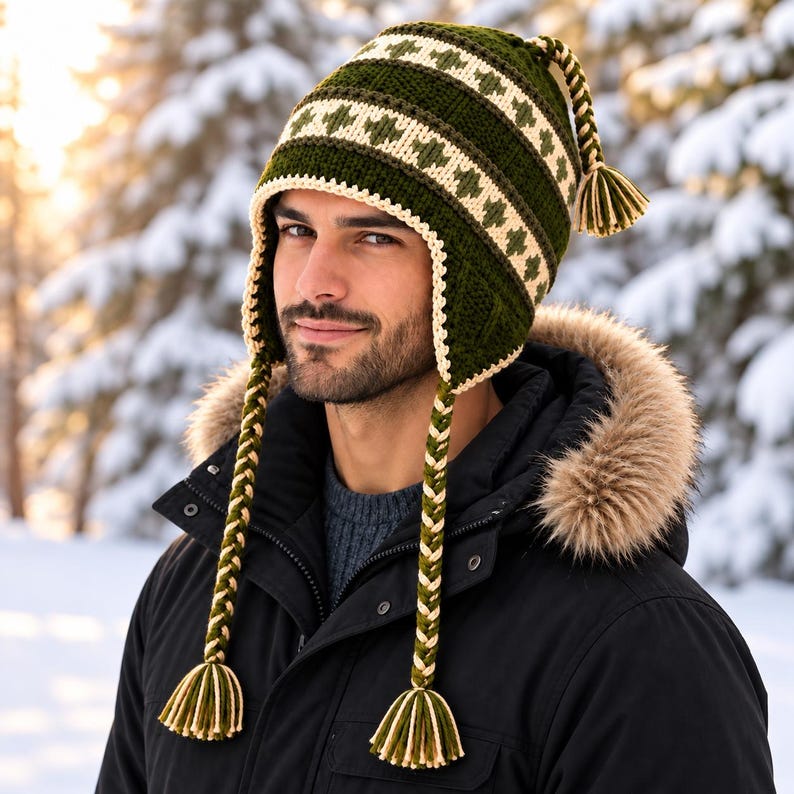 Hand-Knitted Lamb Wool Peruvian Hat: Polar Fleece Lining, Fair Isle Earflap Tuque image 1