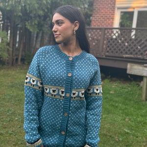 100% Lamb Soft Wool - Herd Of Sheep Cardigan - Hand Knitted Sweater - Wool Cardigan - Comfy Blue Jumper - Fair Trade -Wool Sweater -