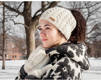 100% Lamb Wool Beanie - Handknit Cable Tuque - Winter Ponytail Hat - Partially Fleece Lined -  Fair Trade - Ethical Clothing - Alma Knitwear