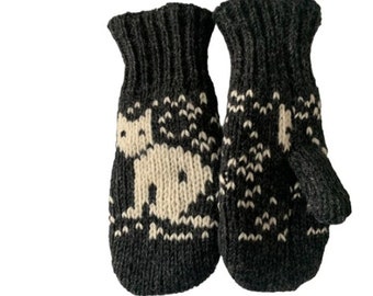 100% Wool Lamb Wool Mittens -  Polar Fleece Lining -  Hand Knit - Cat Mittens -  Winter Gloves - Fair Trade - Cozy Mittens - Alma Knitwear