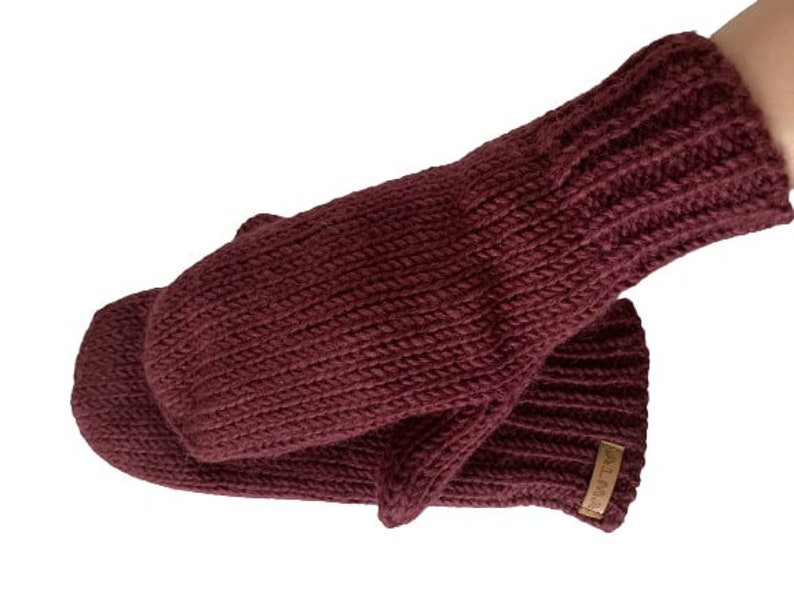 100% Lamb Wool Unisex Mittens Hand Knitted Gloves Fleece Lined Mittens Women Winter Mittens Fair Trade Eco Friendly Alma Knit Maroon