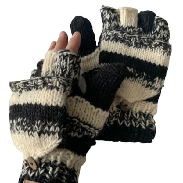 Hand Knit Lamb Wool Convertible Mittens: Fleece Lined Texting Winter Gloves, Ethical Clothing