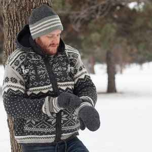 100% Soft Lamb Wool Coat Norwegian Sweater Fleece Lined Hand knitted Warm Sweater Detachable Hood Fair Trade Alma Knitwear image 2