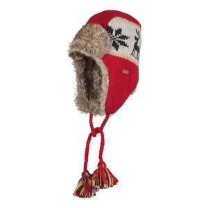 Chapeau de trappeur tricoté à la main, 100 % laine, doublure en fausse fourrure, design nordique, chapeau d'hiver aviateur, trappeur unisexe d'hiver, commerce équitable, tricots Alma Red | Rouge