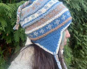 Gorro de lana de cordero tejido a mano: gorro de invierno con orejeras y forro polar Fair Isle - Ropa ética - Ecológico