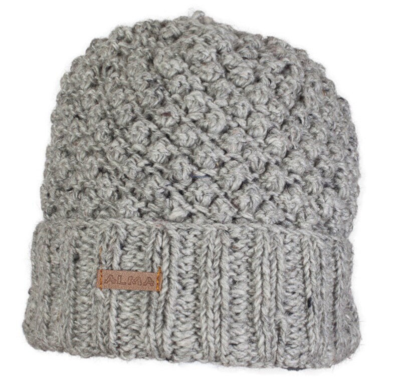 100% Lamb Wool Hand knitted Popcorn Fleece Lined Beanie Fair Ile Winter Hat Bobble Beanie Gift For Her Women's Hat Alma Knit Gray