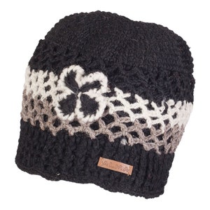 100%  Lamb Wool - Hand knitted Embroidered Flower - Fleece Lined  Beanie - Fair Ile Winter Hat - Bobble Beanie - Gift For Her - Women&#39;s Hat