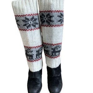 100% Lamb Wool Hand Knitted Leg Warmers Snowflake Rein Deer Design Winter Leg Warmers Ethical Women Leg Warmer Alma Knitwear Ivory