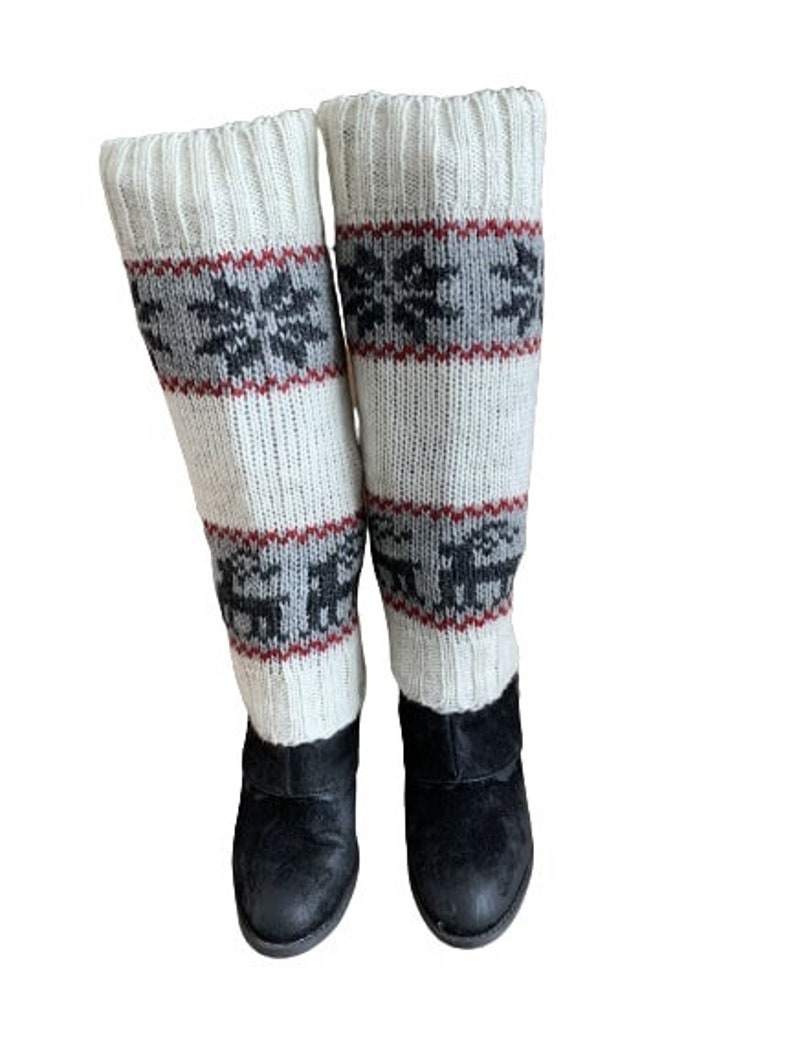100% Lamb Wool Hand Knitted Leg Warmers Snowflake Rein Deer Design Winter Leg Warmers Ethical Women Leg Warmer Alma Knitwear Ivory
