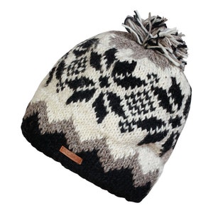 100%  Lamb Wool - Hand knitted Beanie - Fleece Lined  Beanie - Fair Ile Winter Hat - Bobble Beanie - Nordic Beanie - Unisex Hat - Alma Knit