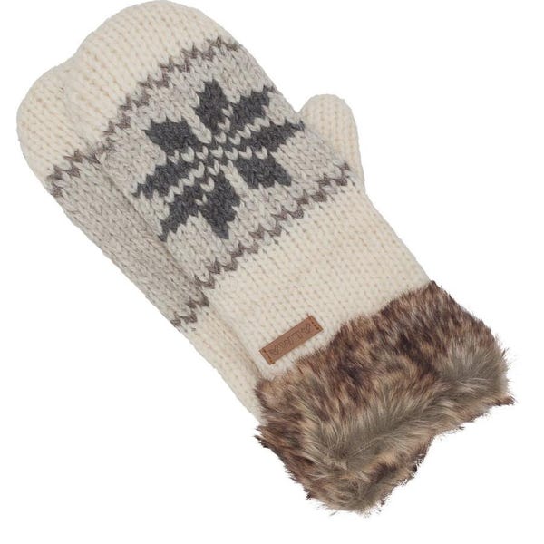 Handgestrickte nordische Handschuhe aus Wolle: Fleece gefütterte Winterhandschuhe mit Kunstpelzmanschette, umweltfreundlich