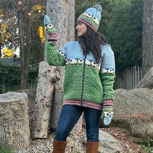 100% Soft Lamb Wool Coat, Unisex, Herd Of Sheep Sweater, Fleece Lined Hoodie, Hand knitted, Warm, Detachable Hood, Fair Trade, Alma Knitwear