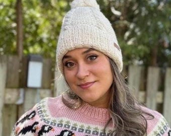 100%  Lamb Wool - Hand knitted - Large Detachable  Pompom - Fleece Lined  Beanie - Cable Winter Hat - Bobble Beanie - Women Hat- Fair Trade