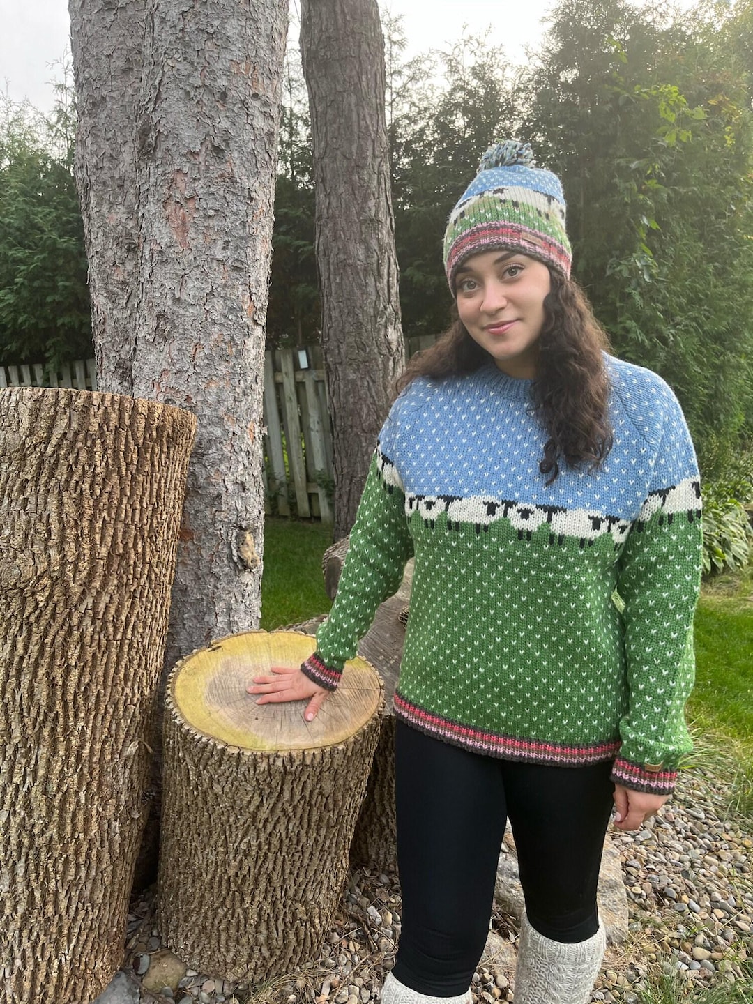 Hand-knitted Lamb Wool Sweater: Blue & Green Sheep Crewneck, Cozy