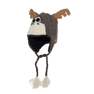 100% Earflap Wool Hat , fleece lined, Unisex, Handmade Moose Hat- Gift For Her, Cozy Animal Tuque, warm Beanie, fair trade, Alma knitwear
