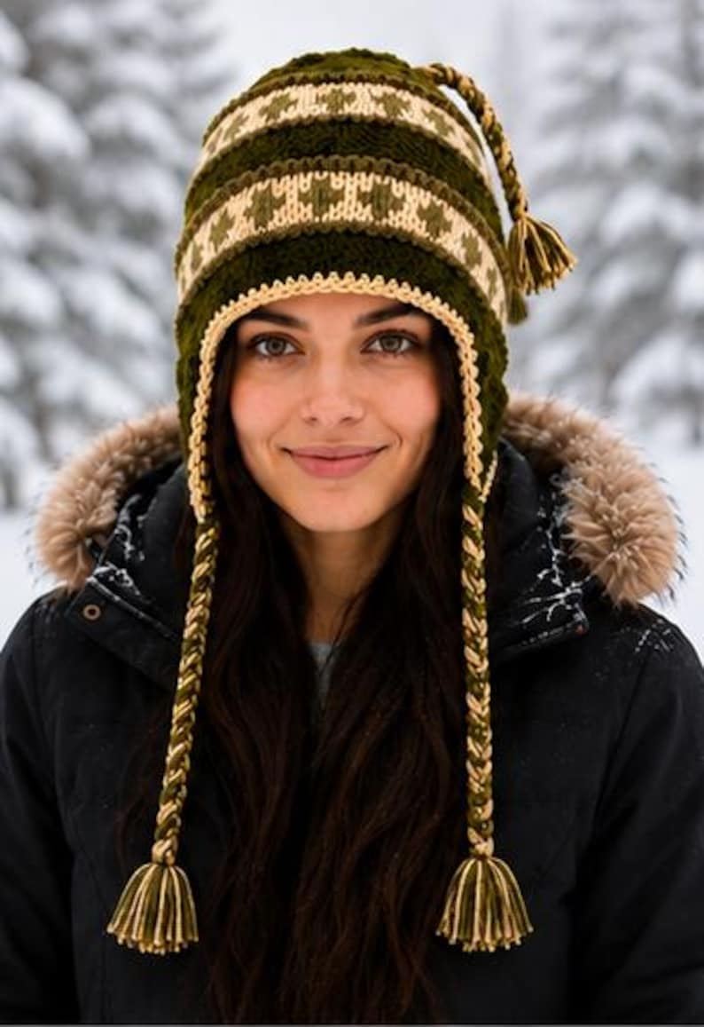 May include: A dark olive green and cream knit hat featuring a geometric pattern, a ribbed texture, and two long braided earflaps that end in thick tassels. The hat includes a matching braided cord with a tassel at the top center.
