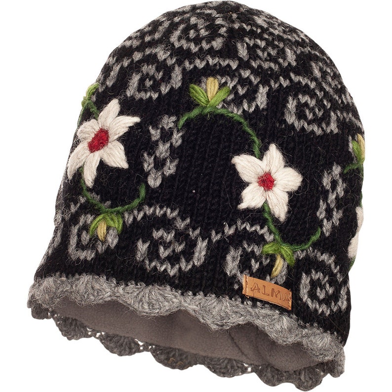 100% Lamb Wool Hand knitted Embroidered Flower Fleece Lined Beanie Fair Ile Winter Hat Bobble Beanie Gift For Her Women's Hat image 2