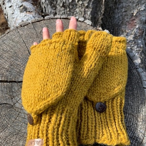 100% Pure  Wool - Fleece Lined - Texting Mittens - Flip Gloves - Hand knit - Fair Trade- convertible gloves - Alma Knitwear - Ethical - Warm