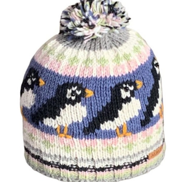 100% Wool Hat - Women's Hand Knit Puffin Bobble Beanie - Winter Tuque - Fleece Lined Beanie - Gift For Her - Fair Trade - Alma Knitwear