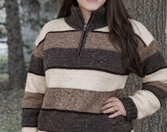 Hand Knitted Lamb Wool Sweater: Unisex Cable Knit, Sherpa Fleece Lined, Fair Trade