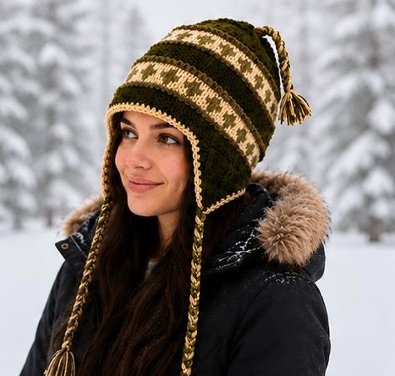 May include: A dark olive green knit hat featuring a cream-colored geometric pattern, a textured stitch design, and long braided earflaps ending in tassels. The hat includes a matching braided top detail with a tassel and a cream-colored trim.