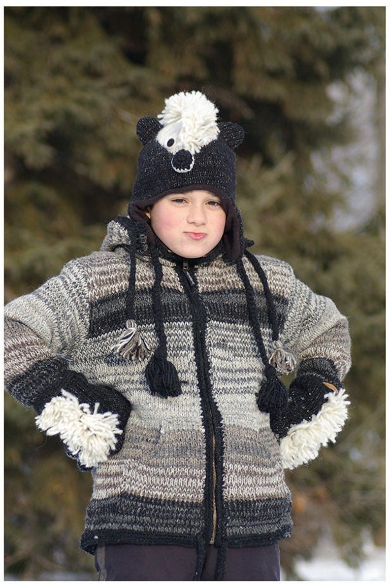 100% Lamb Wool Handmade Kid Sized Winter Animal Skunk Fleece Lined Tuque image 1