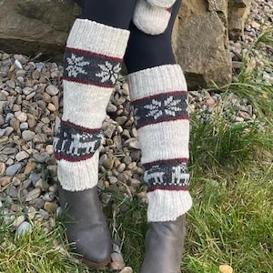 100% Lammwolle - Handgestrickte Beinwärmer - Snowflake Rein Deer Design - Winter Beinwärmer - Ethisch - Frauen Beinwärmer - Alma Strickkleidung