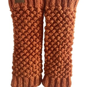 100% Lamb Wool Leg warmers Hand Knit Chunky Fair Trade Fleece Lined Fair isle Leg Warmers Popcorn Design Alma Knitwear Orange