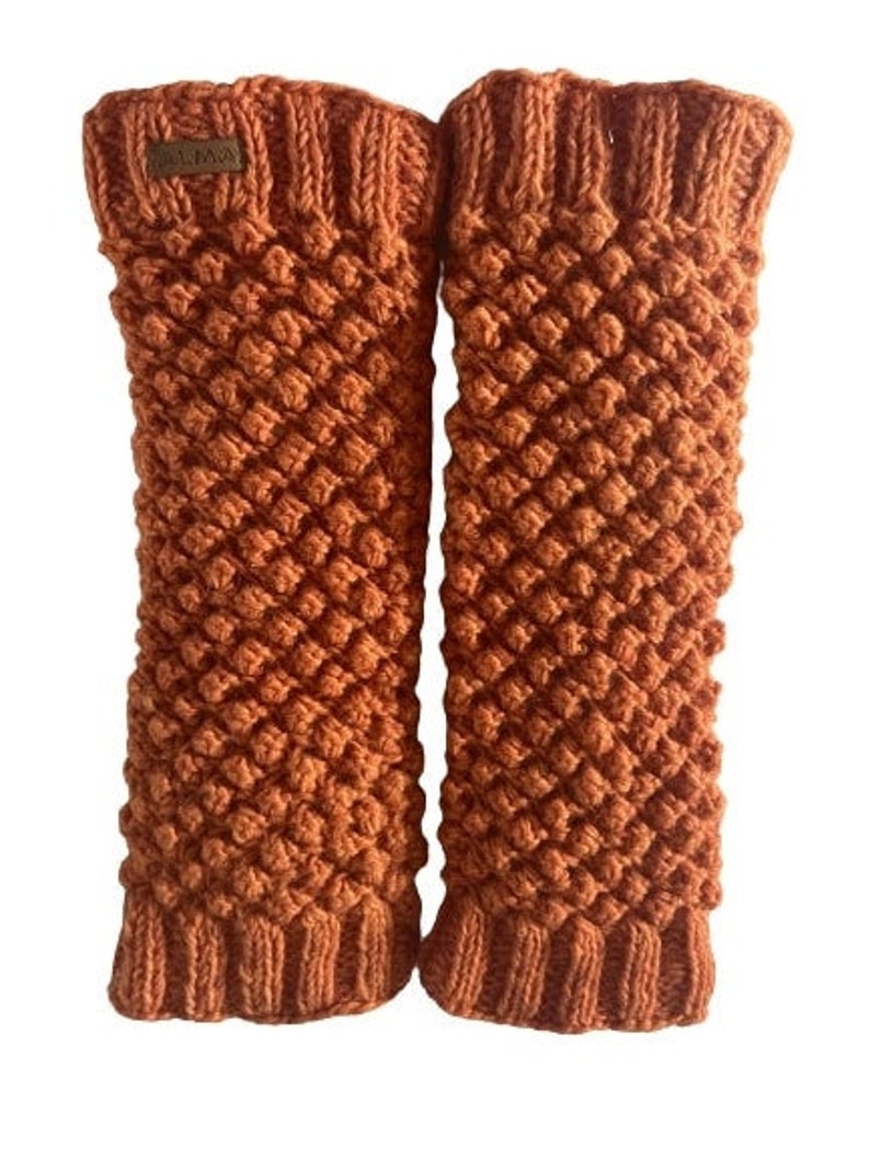 100% Lamb Wool Leg warmers Hand Knit Chunky Fair Trade Fleece Lined Fair isle Leg Warmers Popcorn Design Alma Knitwear Orange