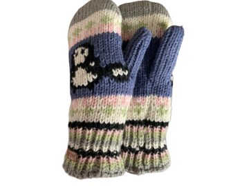 100% Wool Handmade  Unisex Polar Fleece Lined Bird Design Ski Warm Winter Alma Chunky Mittens