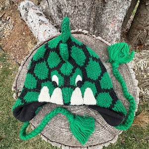 100%  Wool, Kid Size Tuque, Dinosaur Unisex Hat, Fleece Lined,  Hand Knitted Winter Hat, Christmas Hat, Fair Trade, Children Earflap Hat