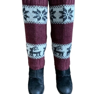 100% Lamb Wool Hand Knitted Leg Warmers Snowflake Rein Deer Design Winter Leg Warmers Ethical Women Leg Warmer Alma Knitwear Maroon