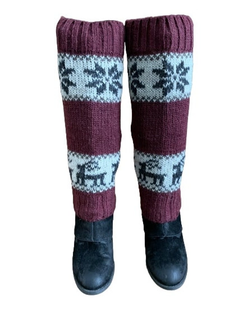 100% Lamb Wool Hand Knitted Leg Warmers Snowflake Rein Deer Design Winter Leg Warmers Ethical Women Leg Warmer Alma Knitwear Maroon