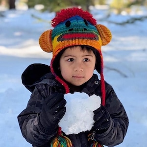100%  Wool, Kid Size Tuque, Smiling Monkey Unisex Hat, Fleece Lined, Hand Knitted Winter Hat, Christmas Hat,Fair Trade, Children Earflap Hat