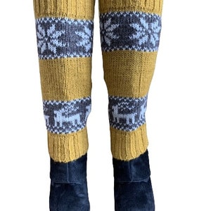 100% Lamb Wool Hand Knitted Leg Warmers Snowflake Rein Deer Design Winter Leg Warmers Ethical Women Leg Warmer Alma Knitwear Mustard