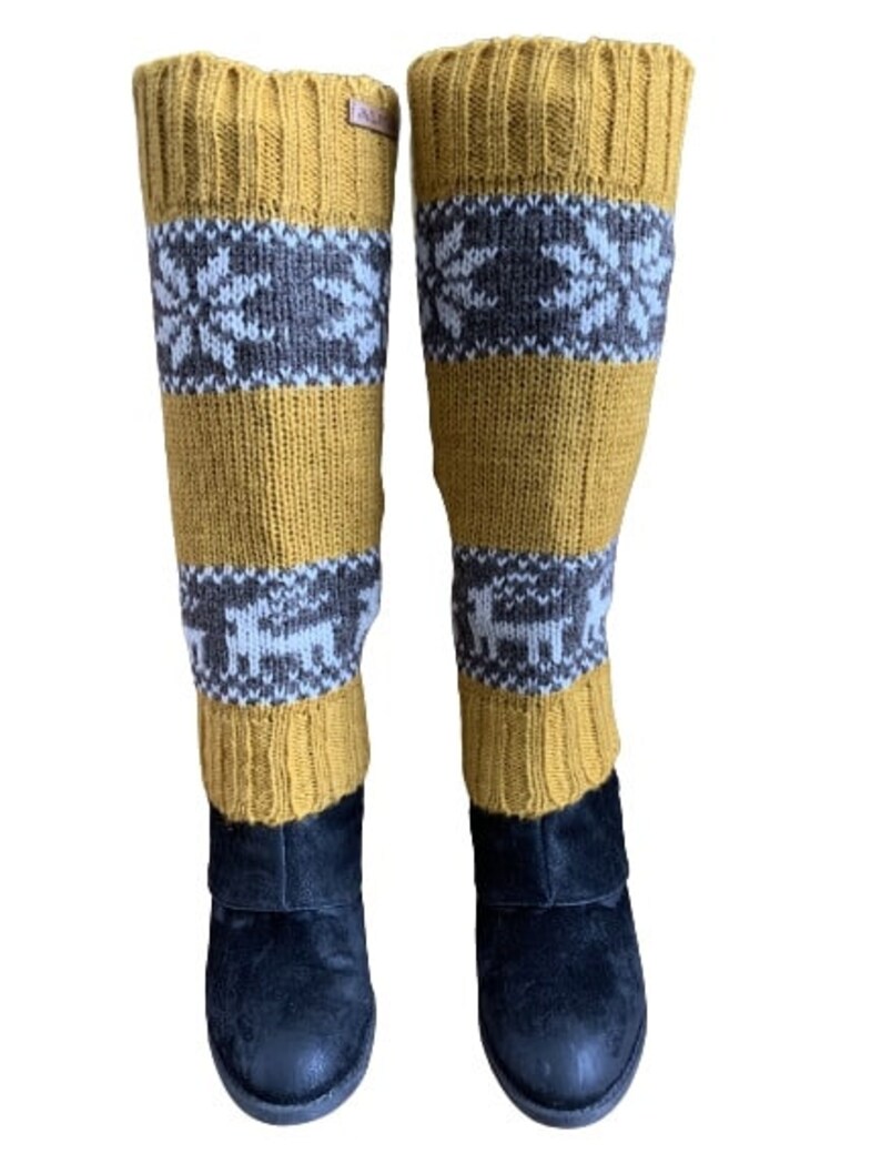 100% Lamb Wool Hand Knitted Leg Warmers Snowflake Rein Deer Design Winter Leg Warmers Ethical Women Leg Warmer Alma Knitwear Mustard