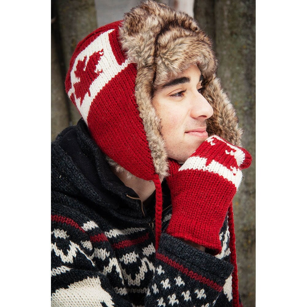 Hand Knitted Wool Trapper Hat: Faux Fur, Canada Maple Leaf Tuque
