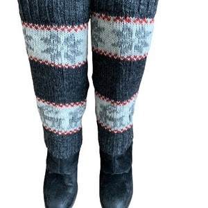 100% Lamb Wool Hand Knitted Leg Warmers Snowflake Rein Deer Design Winter Leg Warmers Ethical Women Leg Warmer Alma Knitwear Charcoal