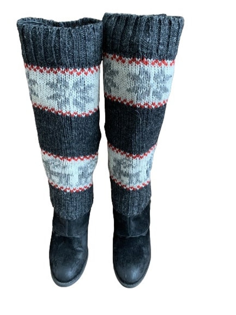 100% Lamb Wool Hand Knitted Leg Warmers Snowflake Rein Deer Design Winter Leg Warmers Ethical Women Leg Warmer Alma Knitwear Charcoal