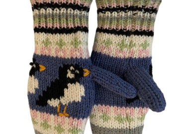 Women's Hand Knit Puffin Mittens, 100% Wool , Fleece Lined, Fair Ile Gloves , Warm Mittens, Winter Gloves, Fair trade, Alma Knitwear