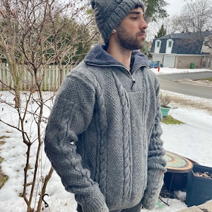 100% Lamb Wool Sweater, Unisex Cable Design, Sherpa Fleece Lining,  Hand Knitted,  Warm Winter Jumper, Mock 1/4 Zipper Grey Pullover, Alma
