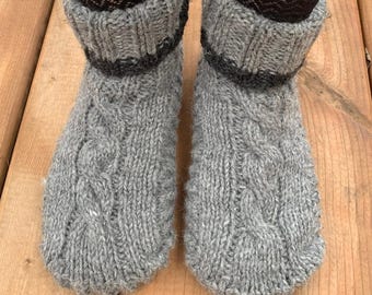 Hand knitted Lamb Wool Slippers: Fleece Lined Wool Socks with Leather Sole