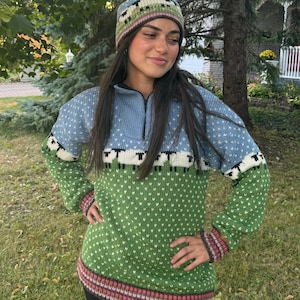 Hand-Knitted 100% Wool 1/4 Zip Sweater | Sheep Design | Fleece Lined Collar | Cozy Winter Pullover | Eco-Friendly Knitwear | Gift For Her