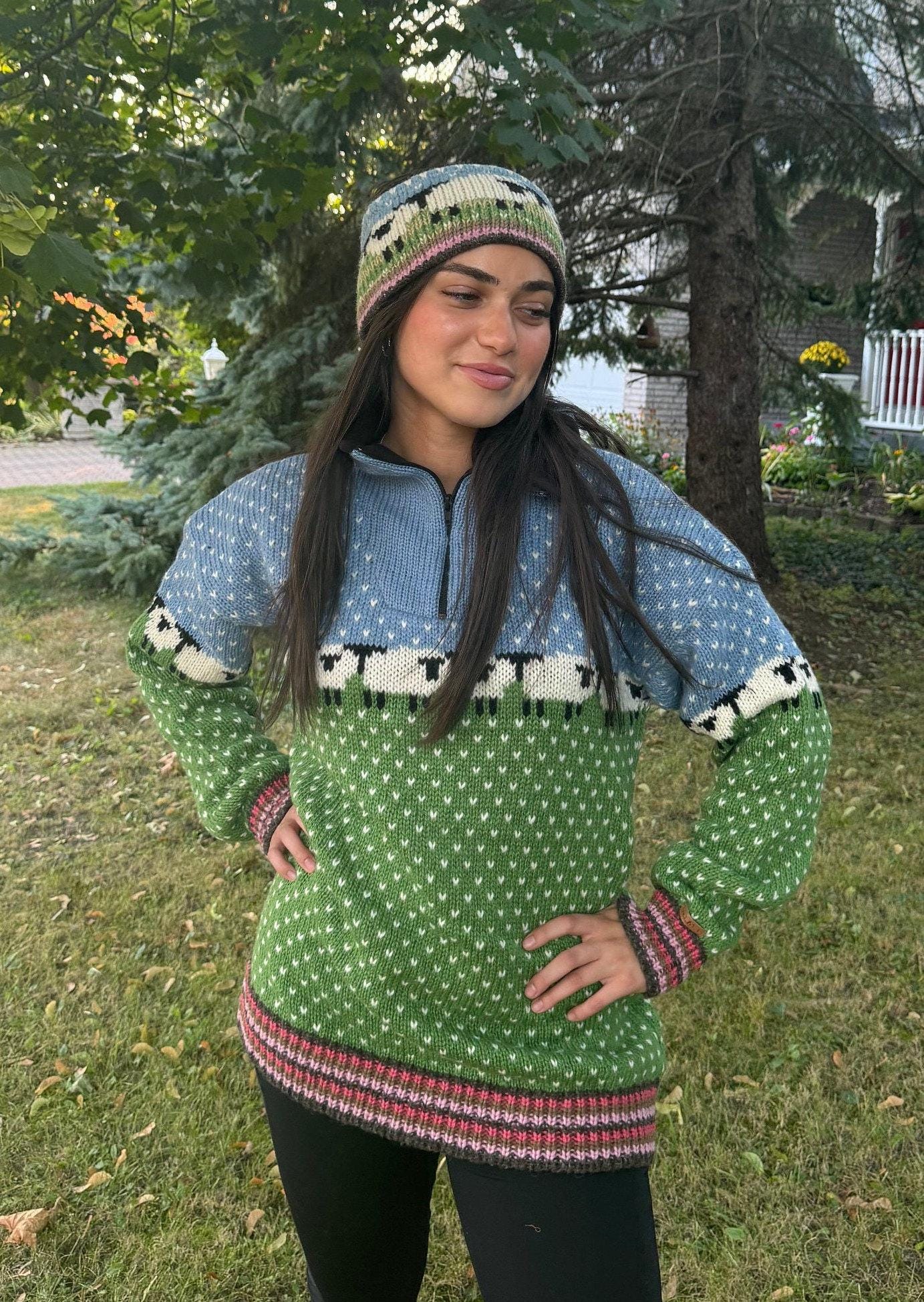 Hand-knitted Wool 1/4 Zip Sweater: Sheep Design, Fleece Lined