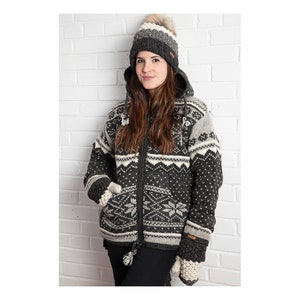 100% Soft Lamb Wool Coat Norwegian Sweater Fleece Lined Hand knitted Warm Sweater Detachable Hood Fair Trade Alma Knitwear image 4