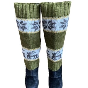 100% Lamb Wool Hand Knitted Leg Warmers Snowflake Rein Deer Design Winter Leg Warmers Ethical Women Leg Warmer Alma Knitwear Olive