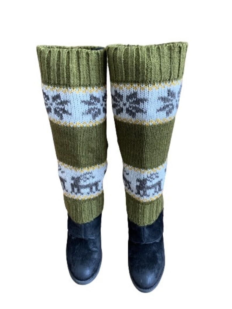 100% Lamb Wool Hand Knitted Leg Warmers Snowflake Rein Deer Design Winter Leg Warmers Ethical Women Leg Warmer Alma Knitwear Olive